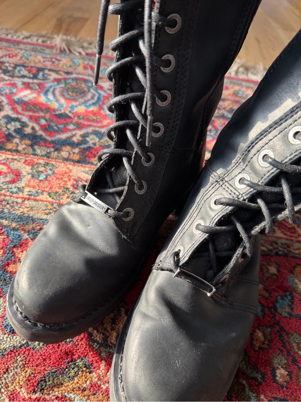 Harley-Davidson Black Lace-Up Combat Boots with Side Zips - Picture 10 of 13